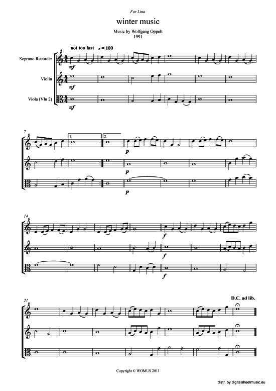 Winter Music (Trio Blockfl te Violine Viola Violine) (Trio (3 St.)) von Wolfgang Oppelt
