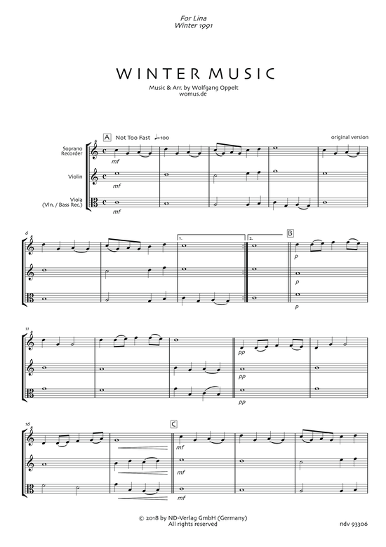 Winter Music (Trio f r Sopranblockfl te Violine + Viola Violine) (Originalversion) (Trio (3 St.)) von Wolfgang Oppelt