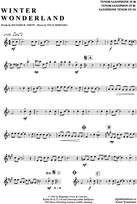Winter Wonderland (Tenor-Sax) (Tenor Saxophon) von Bing Crosby (Big Band Fassung)