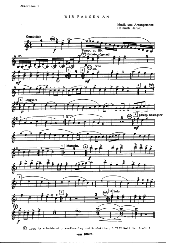 Wir fangen an Einzelstimmen (Akkordeon-Ensemble) (Akkordeonorchester) von Helmuth Herold