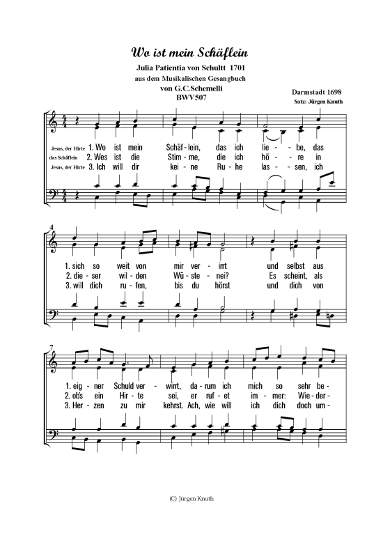 Wo ist mein Sch flein (BWV 507) (Gemischter Chor) (Gemischter Chor) von Darmstadt 1698 Satz J rgen Knuth