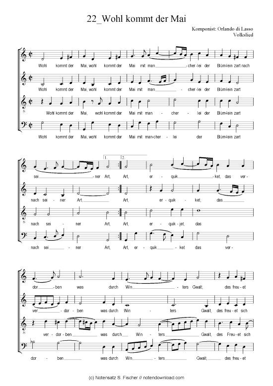 Wohl kommt der Mai (Gemischter Chor) (Gemischter Chor) von Orlando di Lasso Volkslied