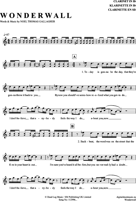 Wonderwall (Klarinette in B) (Klarinette) von Oasis
