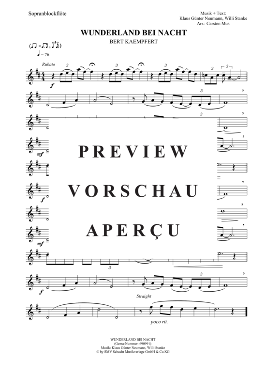 Wunderland bei Nacht (D - Dur) (Sopran Blockfl te Solo) (Blockfl te) von Bert Kaempfert
