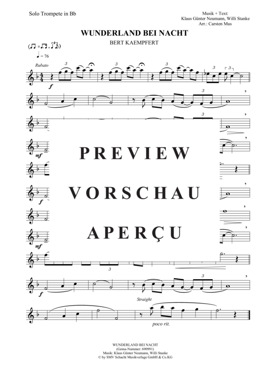 Wunderland bei Nacht (F - Dur) (Trompete in B Solo) (Trompete) von Bert Kaempfert
