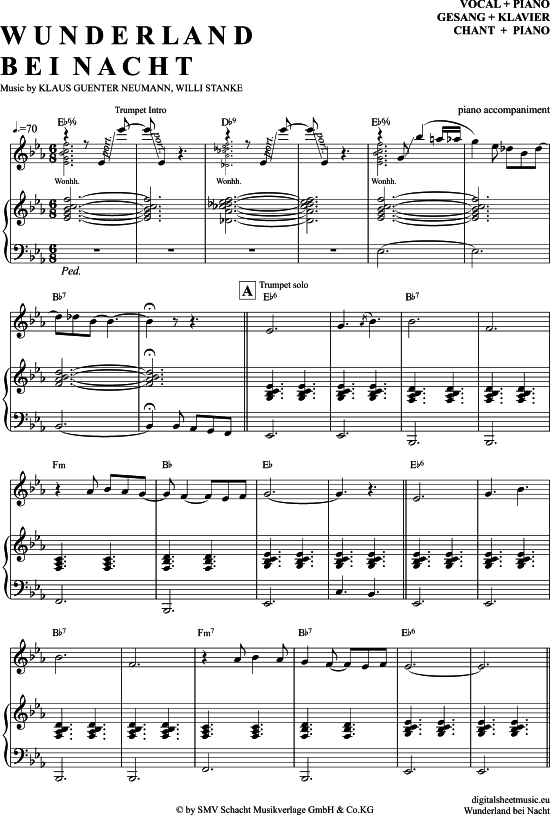 Wunderland Bei Nacht (Klavier Begleitung + Gesang) (Klavier Gesang  Gitarre) von Bert Kaempfert