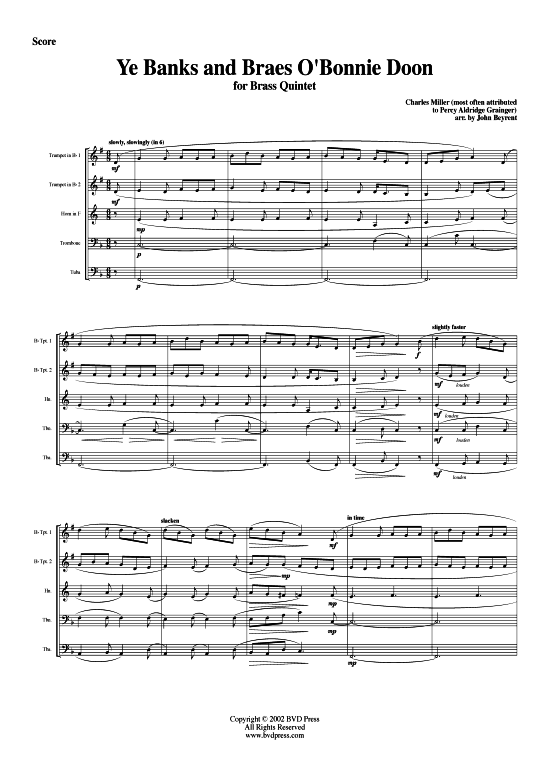 Ye Banks and Braes O Bonnie Doon (Blechbl serquintett) (Quintett (Blech Brass)) von Grainger Miller (arr. Beyrent)