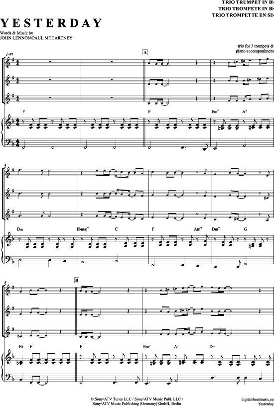 Yesterday (Trompeten Trio + Klavier) (Trio (Trompete)) von The Beatles