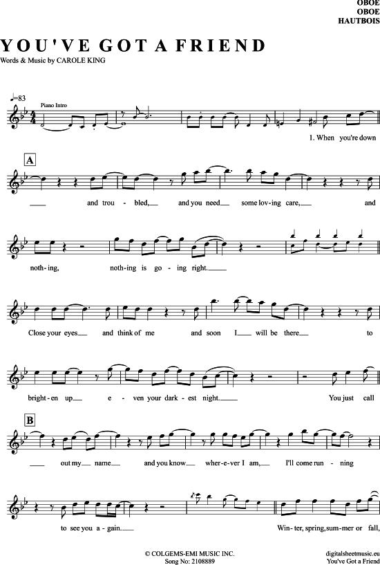 You Ve Got A Friend (Oboe) (Oboe Fagott) von Carole King