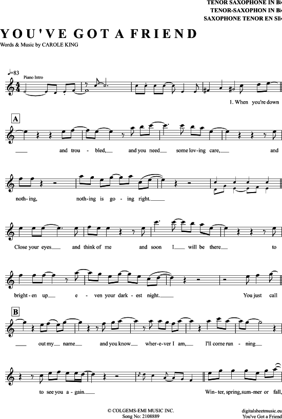You Ve Got A Friend (Tenor-Sax) (Tenor Saxophon) von Carole King