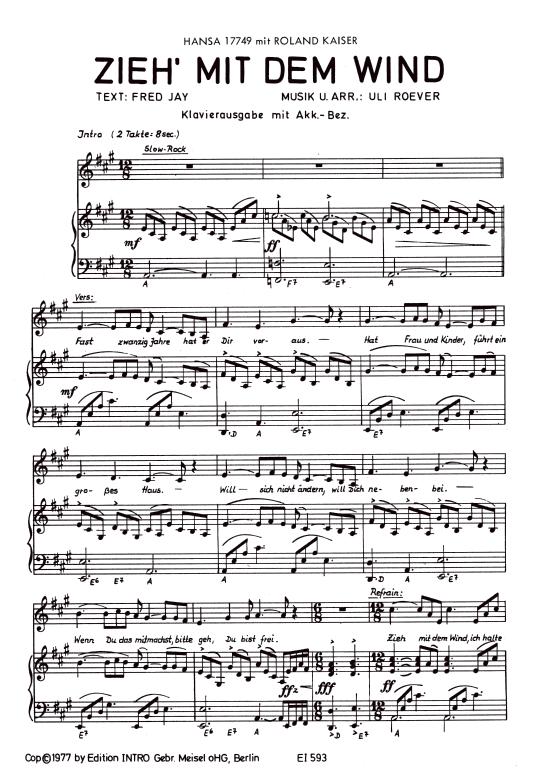 Zieh mit dem Wind (Klavier + Gesang) (Klavier Gesang  Gitarre) von Roland Kaiser