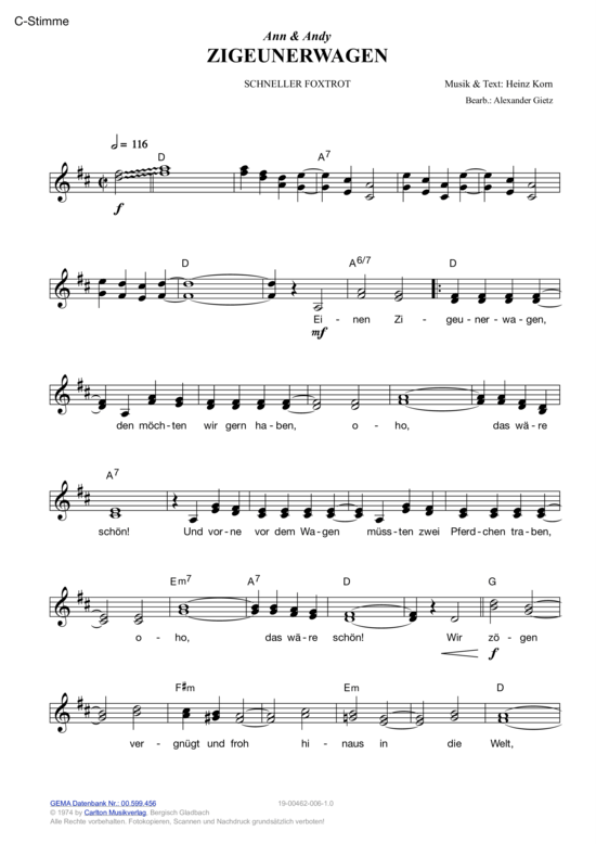 Zigeunerwagen (Melodie-Stimmen in C B Es) (Stimmen in C B Es) von Ann amp Andy