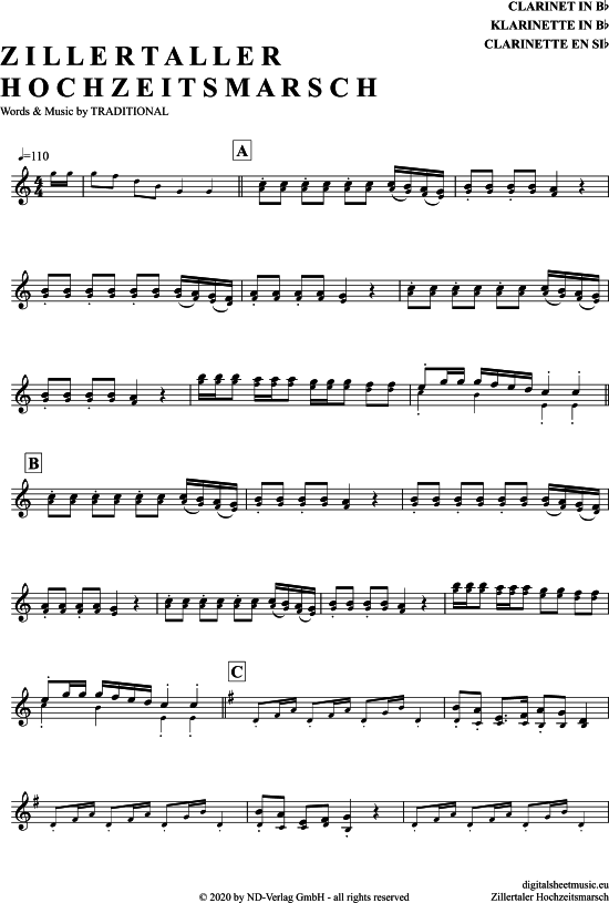 Zillertaler Hochzeitsmarsch (Klarinette in B) (Klarinette) von Traditional