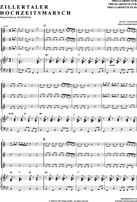 Zillertaler Hochzeitsmarsch (Klarinetten Trio + Klavier) (Trio (Klarinette)) von Traditional