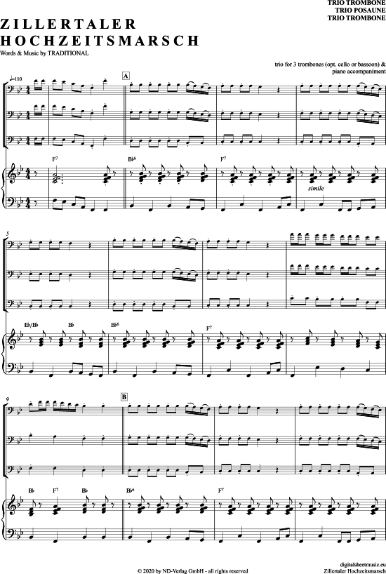 Zillertaler Hochzeitsmarsch (Posaunen Trio + Klavier) (Trio (Posaune)) von Traditional
