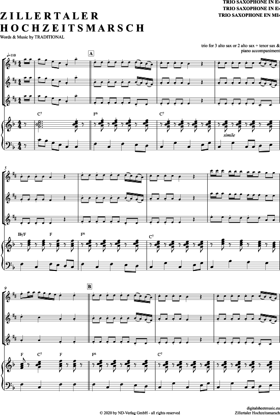 Zillertaler Hochzeitsmarsch (Saxophon Trio AAA(T) + Klavier) (Trio (Saxophon)) von Traditional
