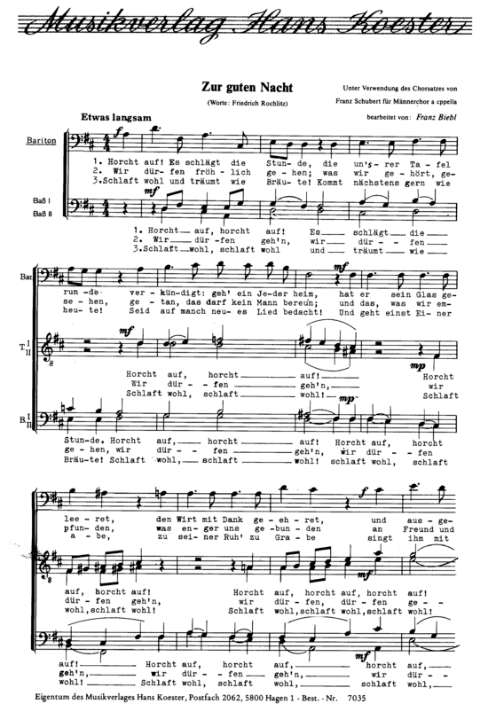 Zur guten Nacht (M auml nnerchor) (M nnerchor) von Franz Schubert