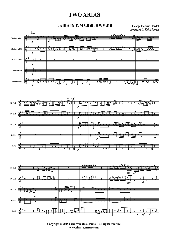 Zwei Arien in Es-Dur (Klarinetten-Chor) (Ensemble (Holzbl ser)) von G. F. H auml ndel (HWV 410 HWV 411)