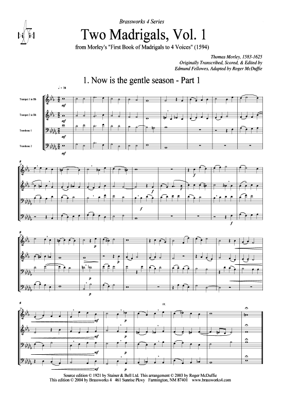 Zwei Madrigale Vol. 1 (2xTromp in B C Horn in F (Pos) Pos) (Quartett (Blech Brass)) von Thomas Morley