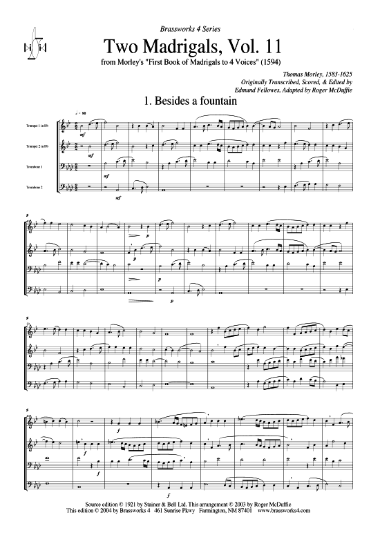 Zwei Madrigale Vol.11 (2xTromp in B C Horn in F (Pos) Pos) (Quartett (Blech Brass)) von Thomas Morley