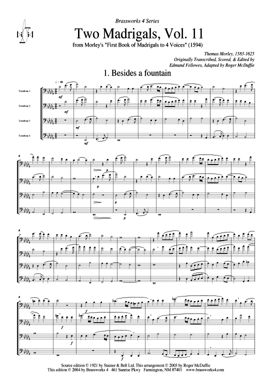 Zwei Madrigale Vol.11 (Posaunen-Quartett) (Quintett (Blech Brass)) von Thomas Morley