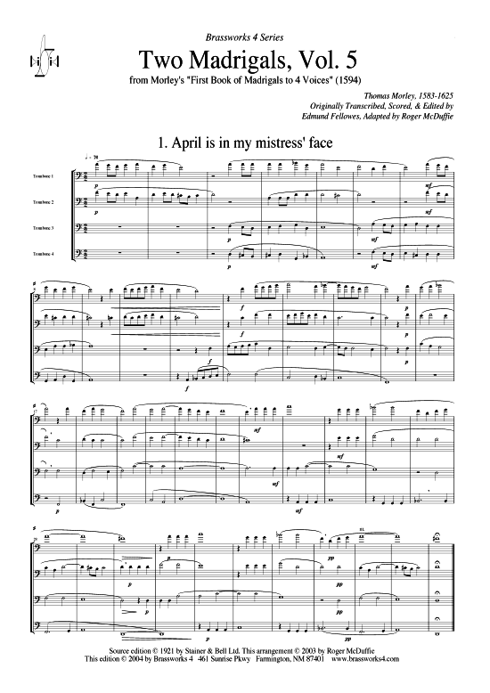 Zwei Madrigale Vol. 5 (Posaunen-Quartett) (Quintett (Blech Brass)) von Thomas Morley