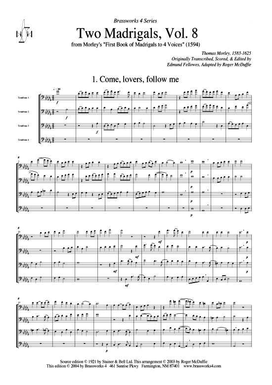 Zwei Madrigale Vol. 8 (Posaunen-Quartett) (Quintett (Blech Brass)) von Thomas Morley