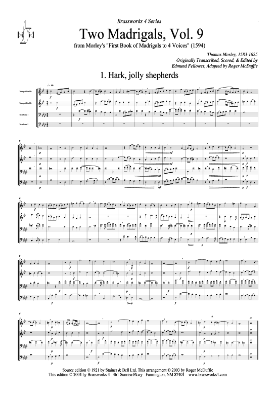 Zwei Madrigale Vol. 9 (2xTromp in B C Horn in F (Pos) Pos) (Quartett (Blech Brass)) von Thomas Morley
