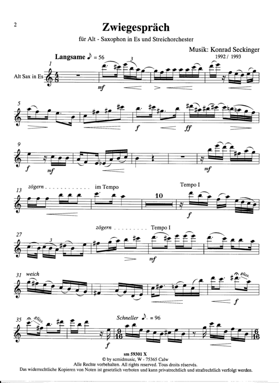 Zwiegespr auml ch (Streichorchester Alt-Saxophon) (Streichorchester) von Konrad Seckinger