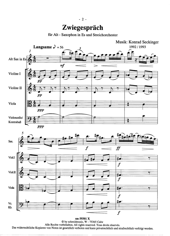 Zwiegespr auml ch (Streichorchester Partitur) (Streichorchester) von Konrad Seckinger