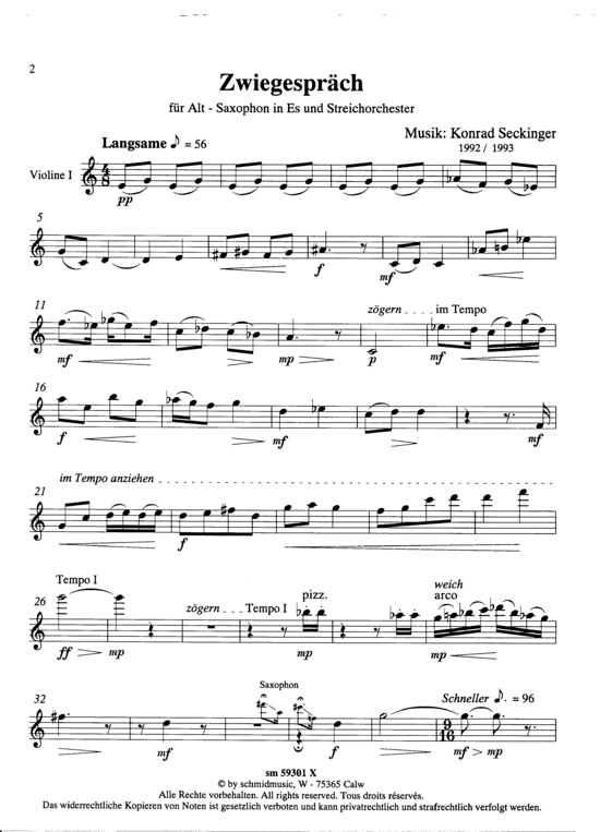 Zwiegespr auml ch (Streichorchester Violine 1) (Streichorchester) von Konrad Seckinger