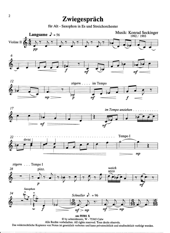 Zwiegespr auml ch (Streichorchester Violine 2) (Streichorchester) von Konrad Seckinger