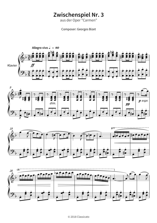 Zwischenspiel Nr. 3 - aus der Oper Carmen (Klavier Solo) (Klavier Solo) von Georges Bizet