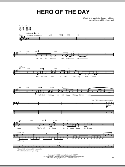 Hero Of The Day (Bass Guitar Tab) von Metallica