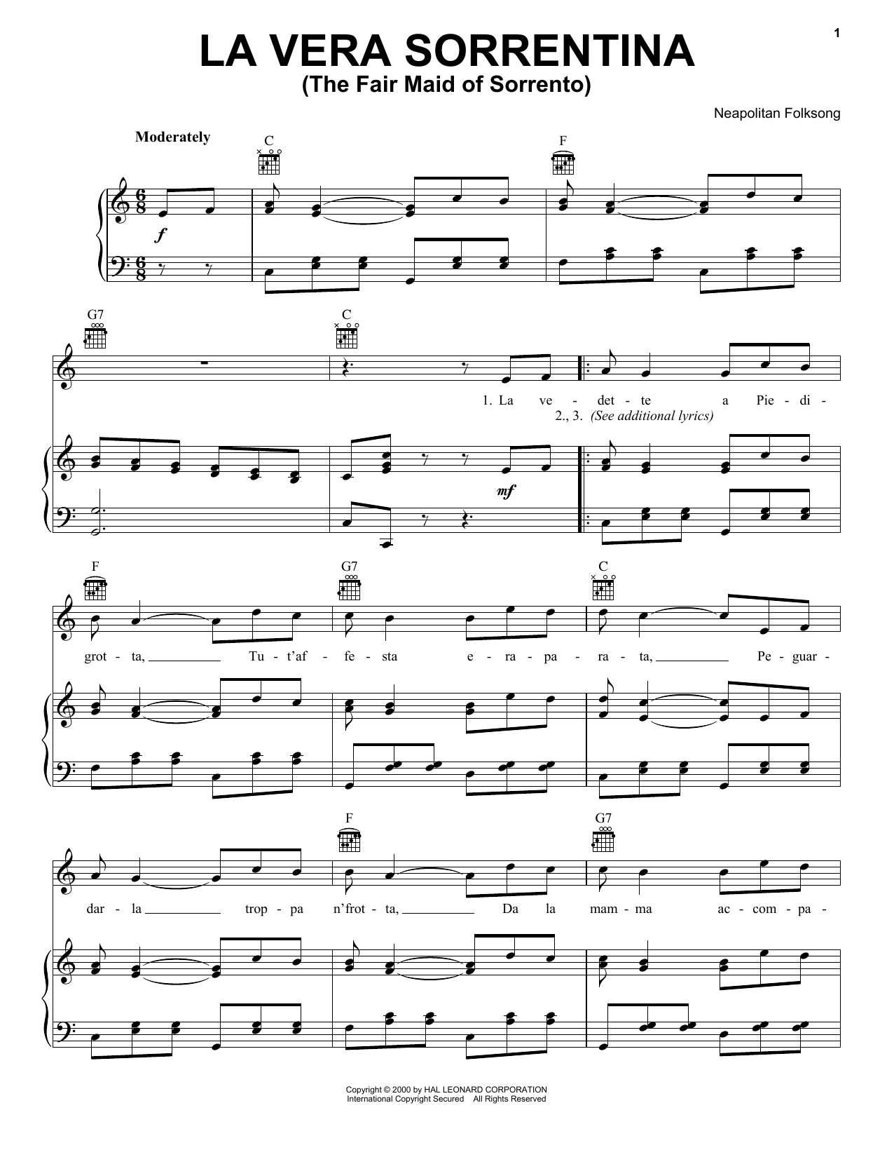 La Vera Sorrentina (The Fair Maid Of Sorrento) (Piano, Vocal & Guitar Chords (Right-Hand Melody)) von Italian Folksong