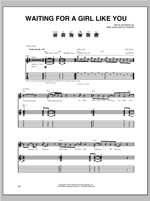 Waiting For A Girl Like You (Guitar Tab) von Foreigner