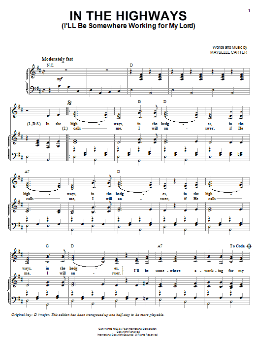 In The Highways (I'll Be Somewhere Working For My Lord) (Piano & Vocal) von Maybelle Carter