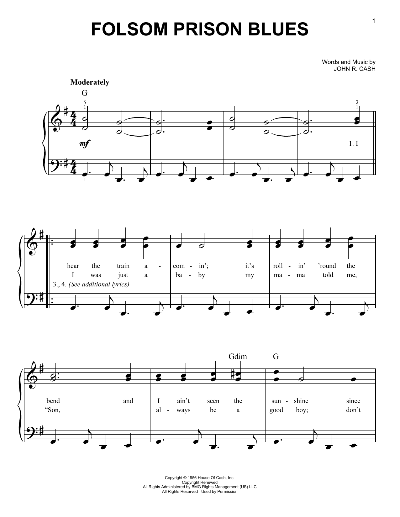 Folsom Prison Blues (Very Easy Piano) von Johnny Cash