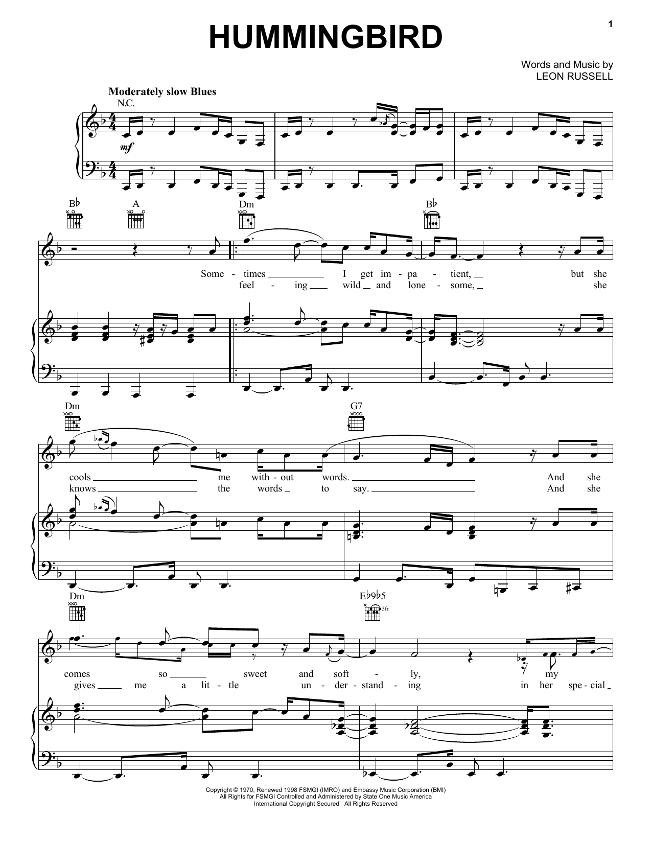 Hummingbird (Piano, Vocal & Guitar Chords (Right-Hand Melody)) von Leon Russell