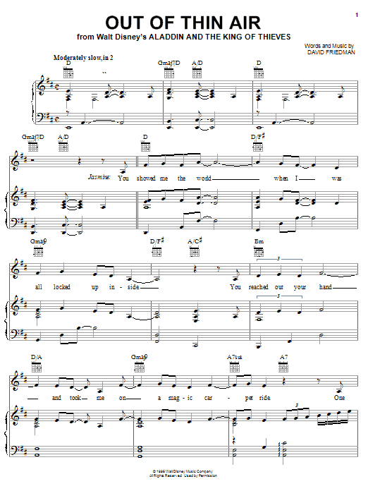 Out Of Thin Air (from Aladdin and the King of Thieves) (Piano, Vocal & Guitar Chords (Right-Hand Melody)) von David Friedman