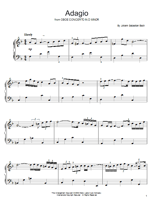 Oboe Concerto In D Minor (Adagio) (Easy Piano) von Johann Sebastian Bach
