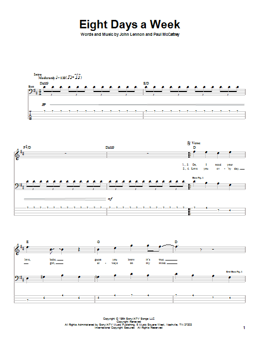 Eight Days A Week (Bass Guitar Tab) von The Beatles