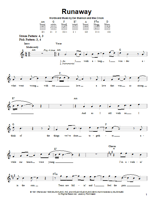 Runaway (Easy Guitar) von Del Shannon