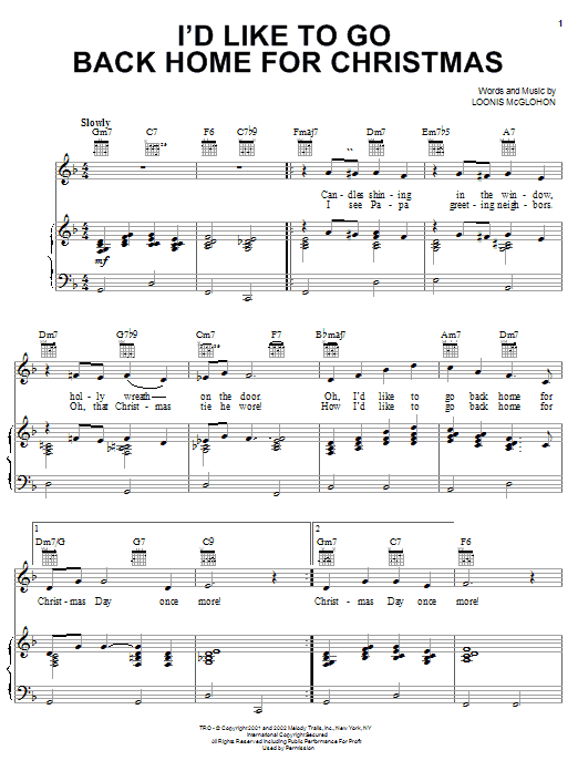 I'd Like To Go Back Home For Christmas (Piano, Vocal & Guitar Chords (Right-Hand Melody)) von Loonis McGlohon