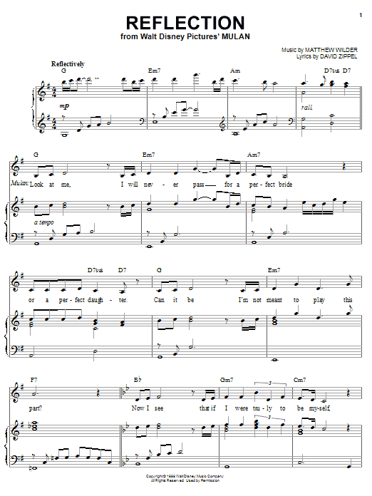 Reflection (from Mulan) (Piano, Vocal & Guitar Chords (Right-Hand Melody)) von Matthew Wilder & David Zippel