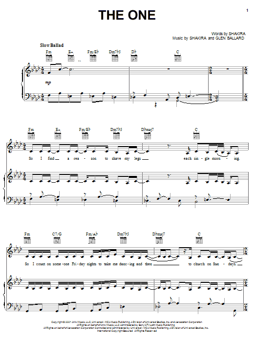 The One (Piano, Vocal & Guitar Chords (Right-Hand Melody)) von Shakira