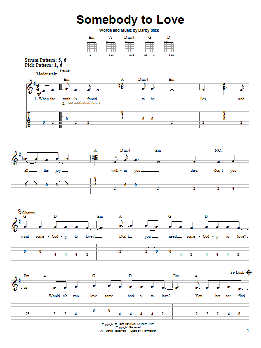 Somebody To Love (Easy Guitar) von Jefferson Airplane