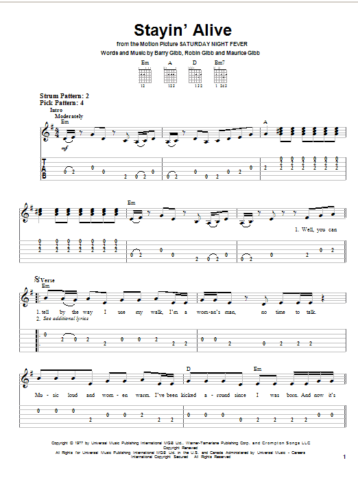 Stayin' Alive (Easy Guitar Tab) von Bee Gees