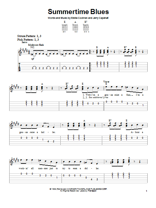 Summertime Blues (Easy Guitar Tab) von Eddie Cochran
