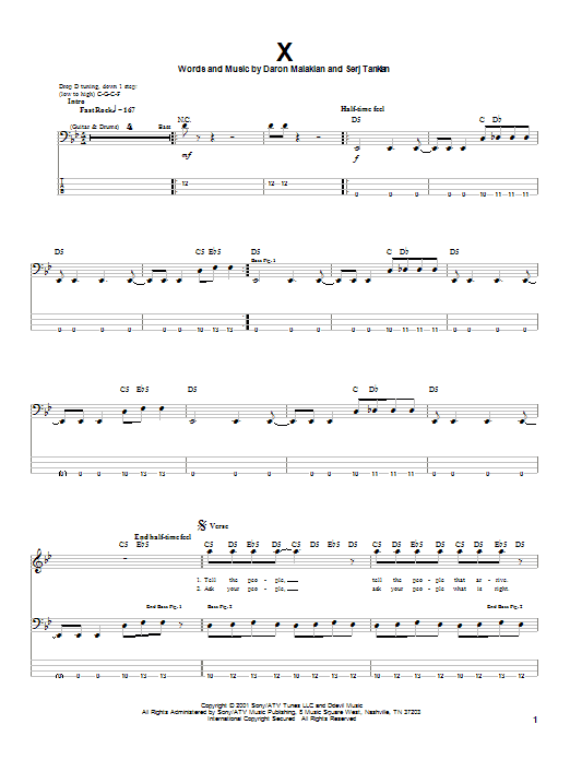 X (Bass Guitar Tab) von System Of A Down